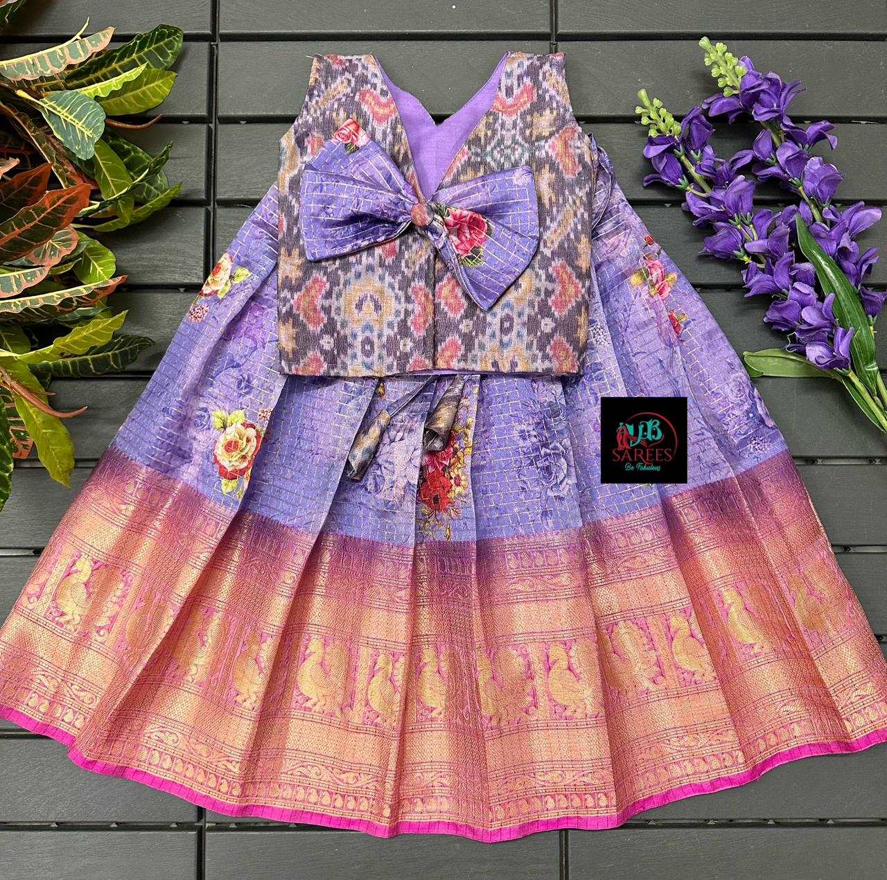 0 - 14 years Digital flower printed organza frock with ikkat tussar silk top