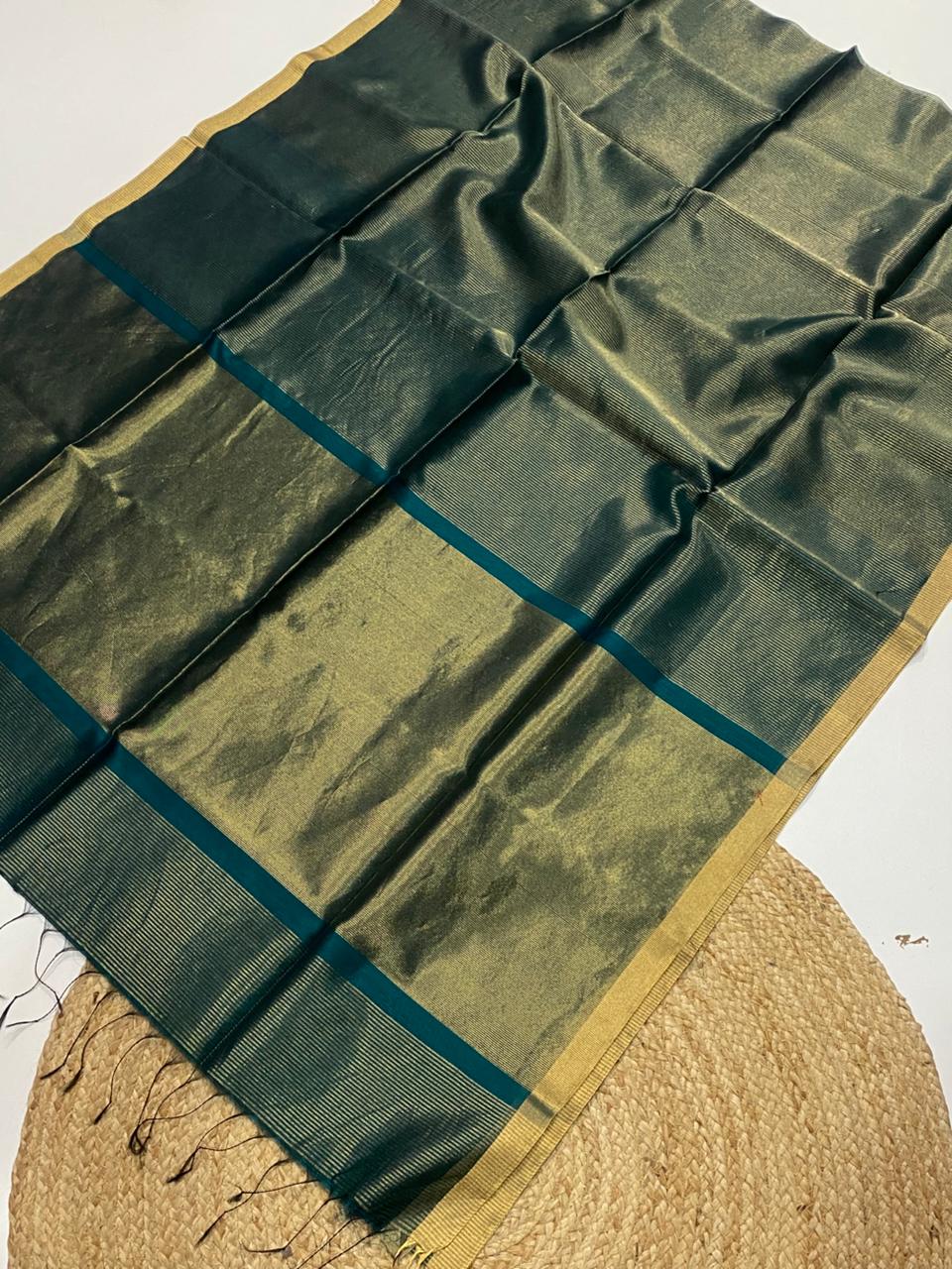 Tissue Maheshwari handwoven zari border silk by cotton saree