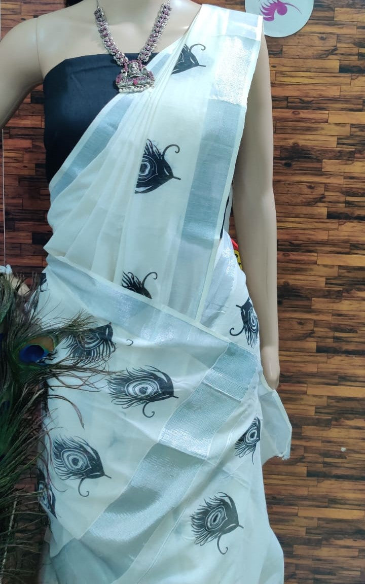 Kerala cotton hand printed work saree