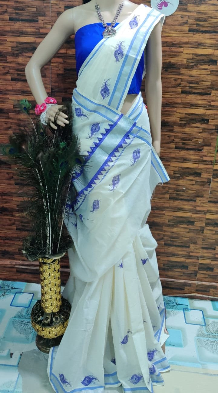 Kerala cotton hand printed work saree