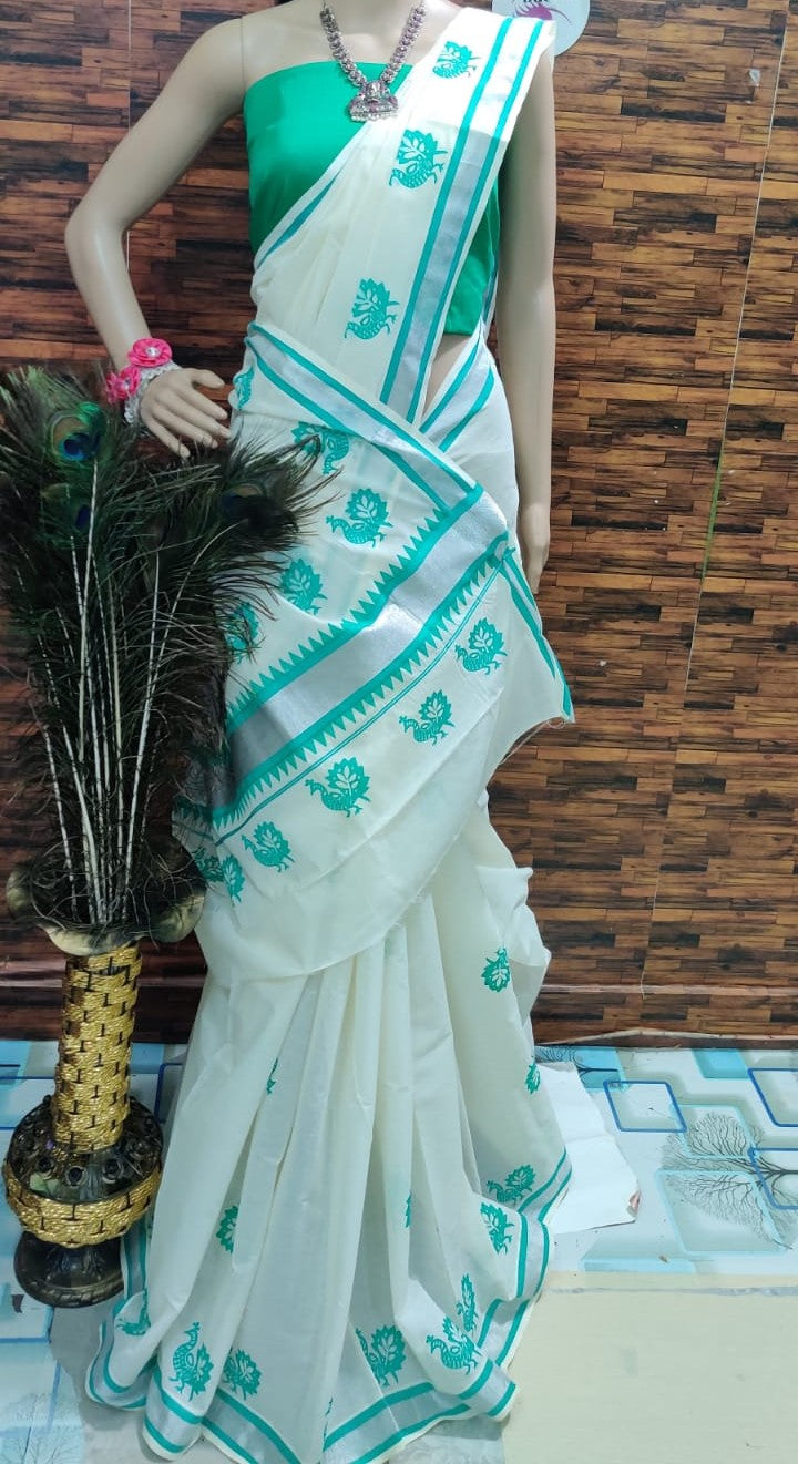 Kerala cotton hand printed work saree