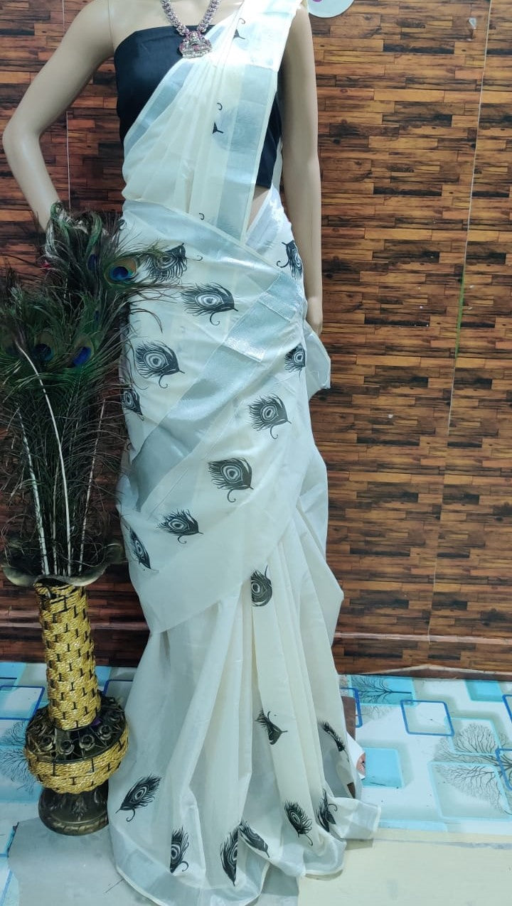 Kerala cotton hand printed work saree