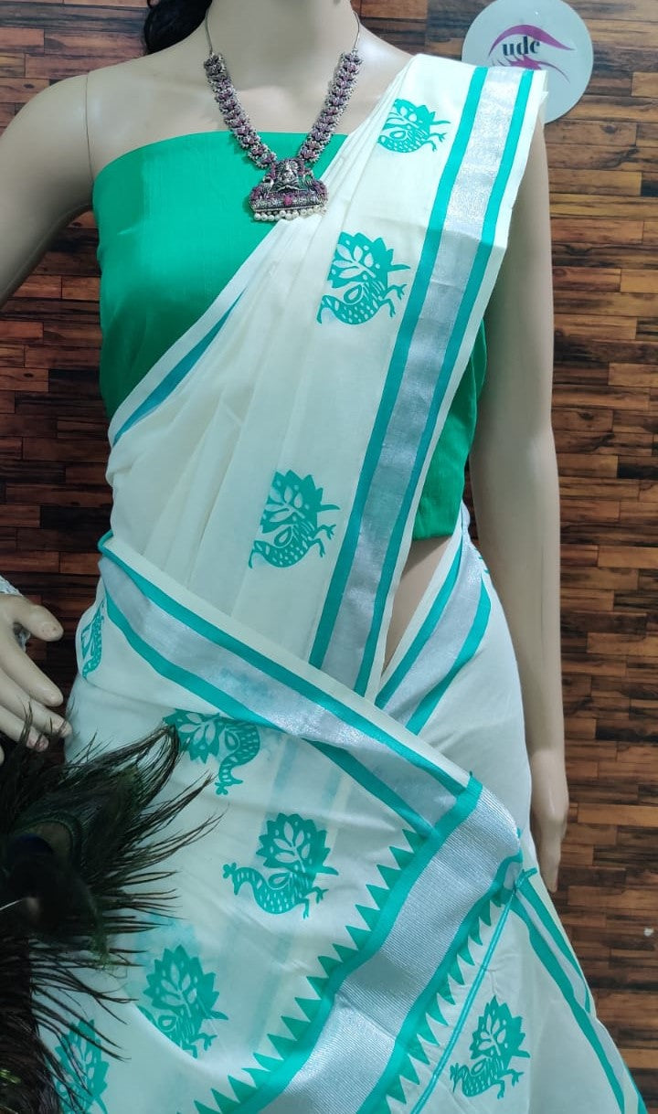 Kerala cotton hand printed work saree