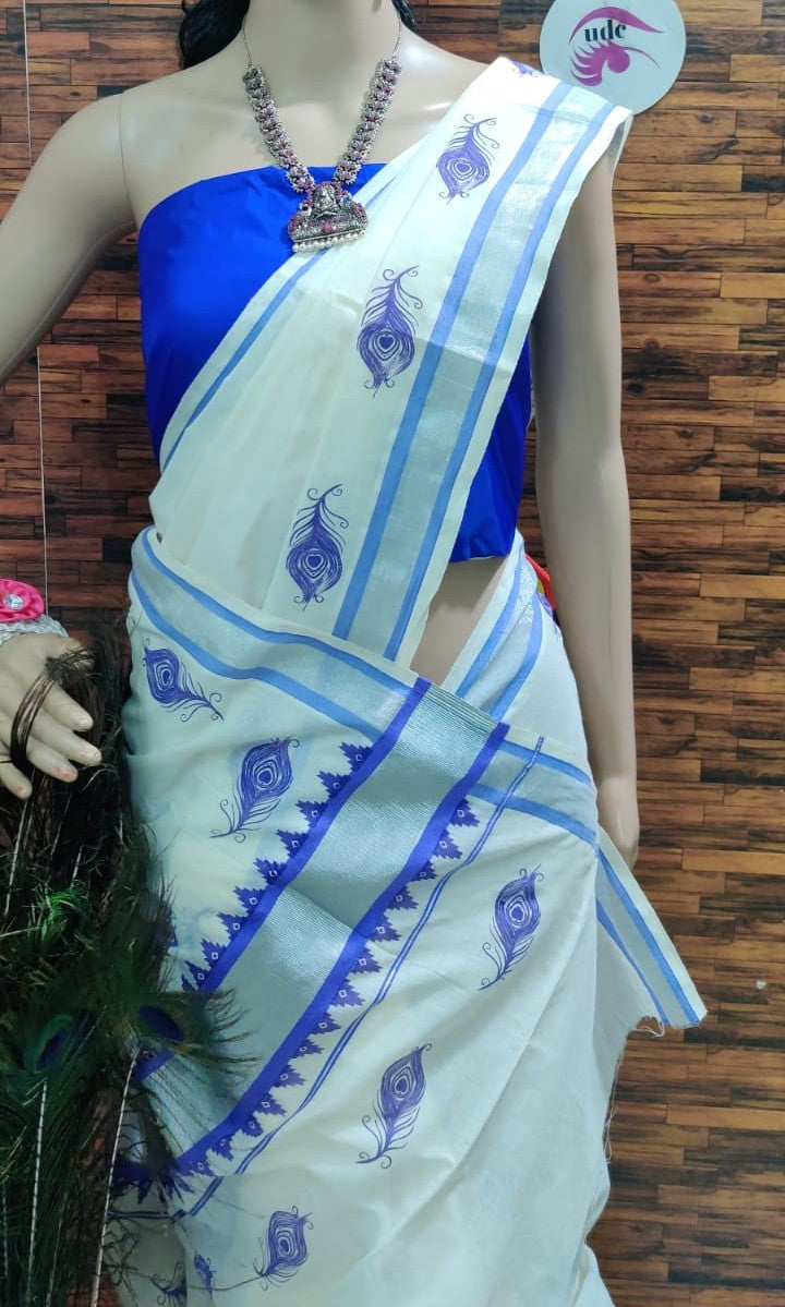 Kerala cotton hand printed work saree