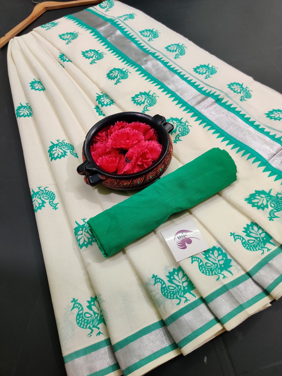 Kerala cotton hand printed work saree