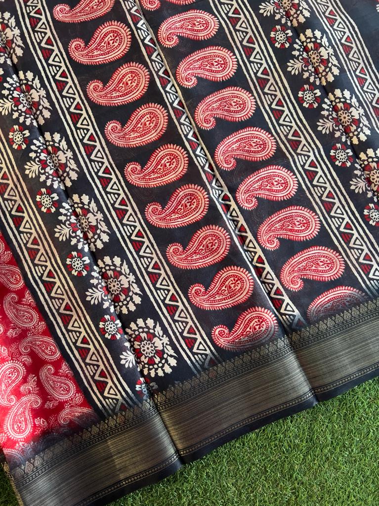 Black and red combo soft and smooth printed chanderi silk saree