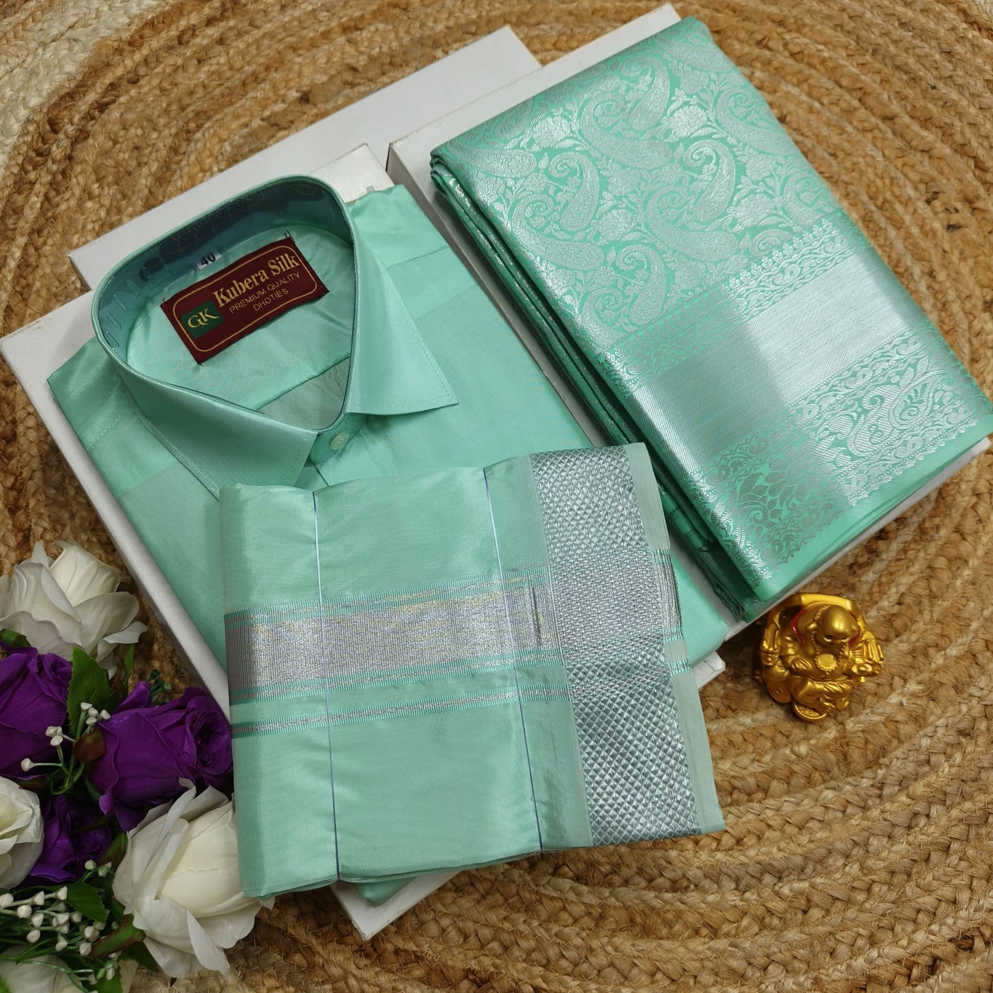 Semi Silk Saree & Semi Silk Dhoti Set - Couple Combo