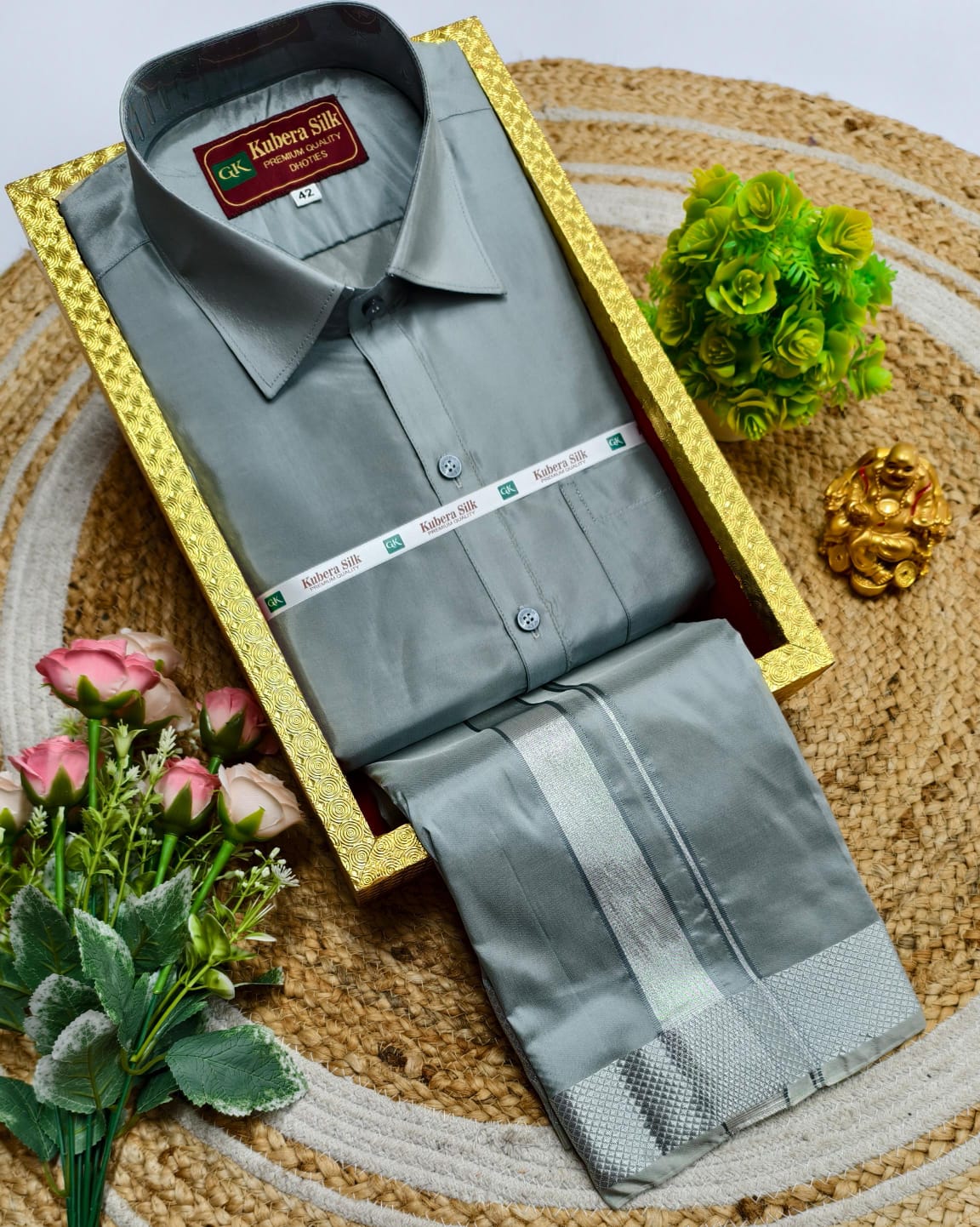 Semi-Silk Men's Adult Shirt and Dhoti Set - Main Image