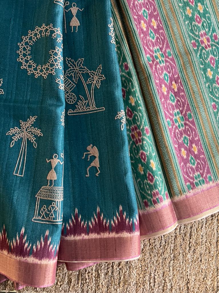 Bengal made semi tussar silk warli printed saree