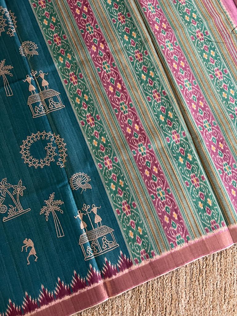 Bengal made semi tussar silk warli printed saree