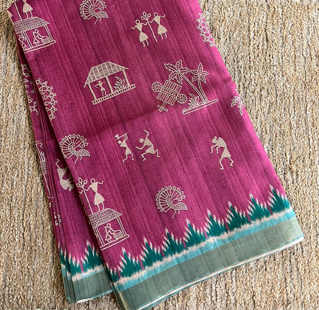 Bengal made semi tussar silk warli printed saree