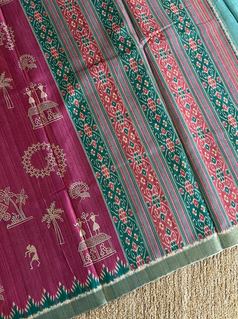 Bengal made semi tussar silk warli printed saree