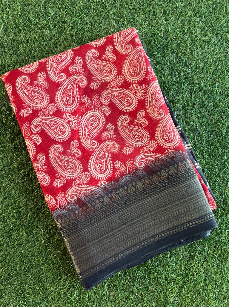 Black and red combo soft and smooth printed chanderi silk saree