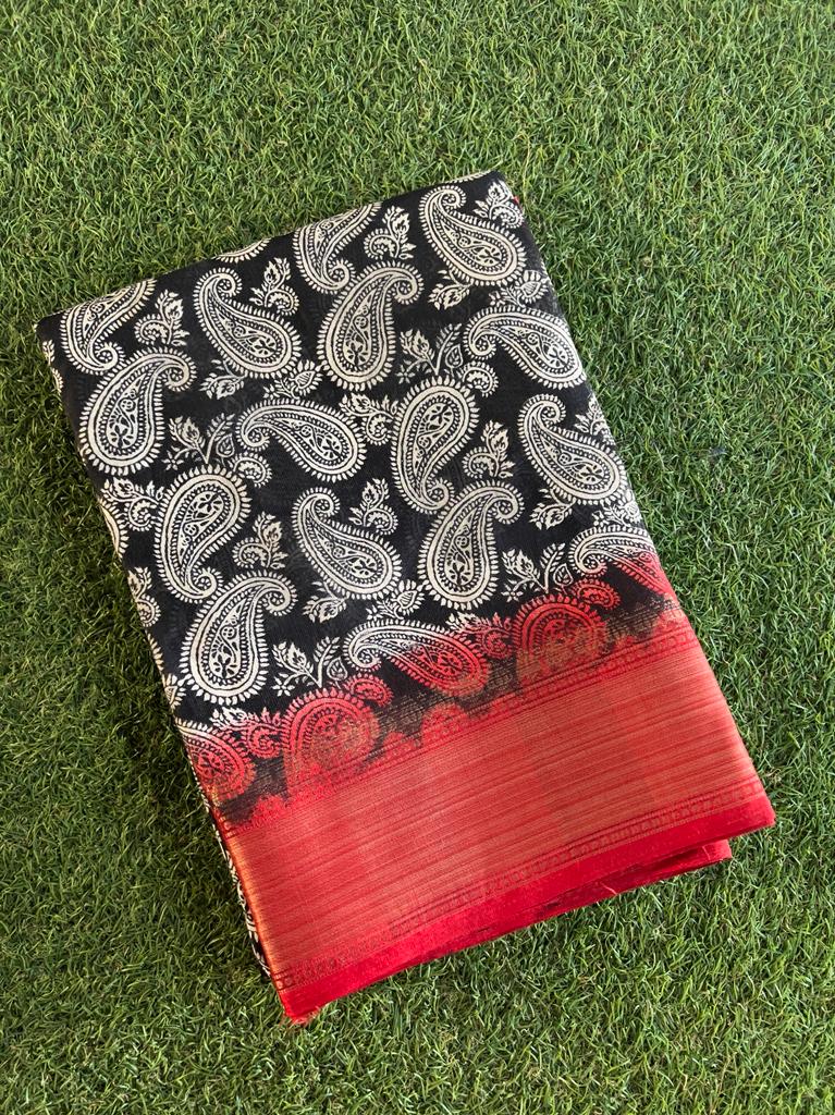 Black and red combo soft and smooth printed chanderi silk saree