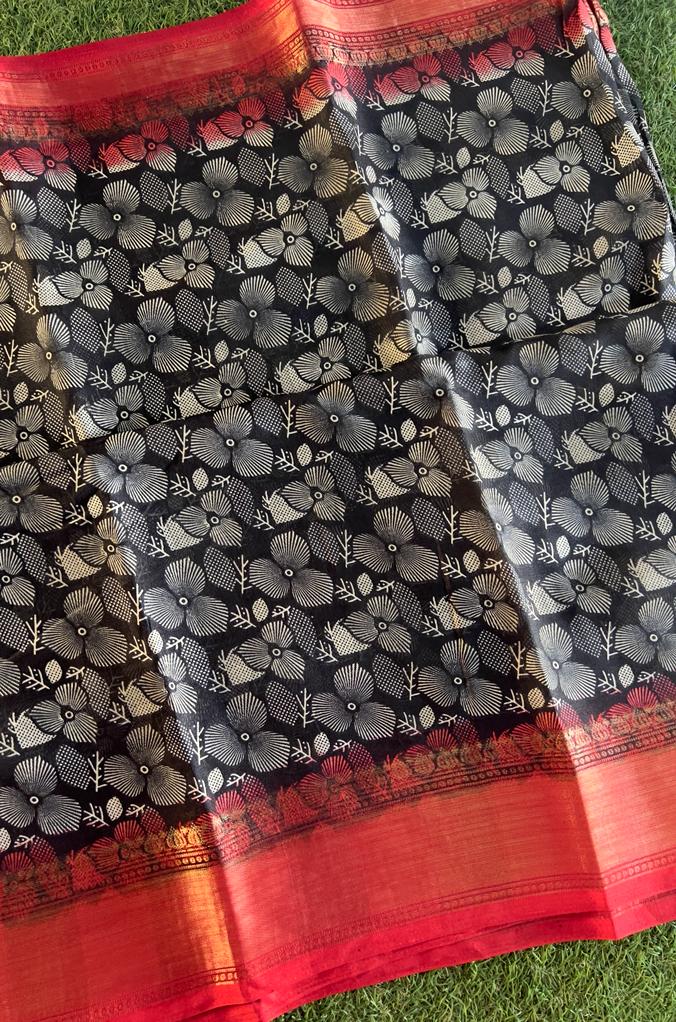 Black and red combo soft and smooth printed chanderi silk saree