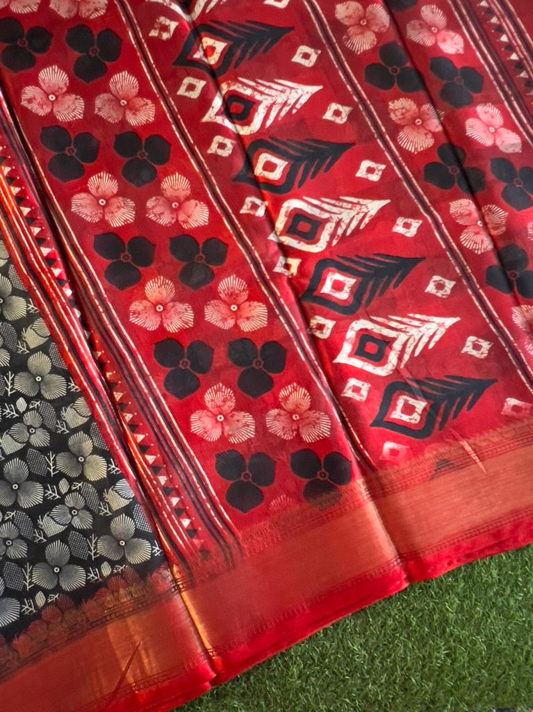 Black and red combo soft and smooth printed chanderi silk saree