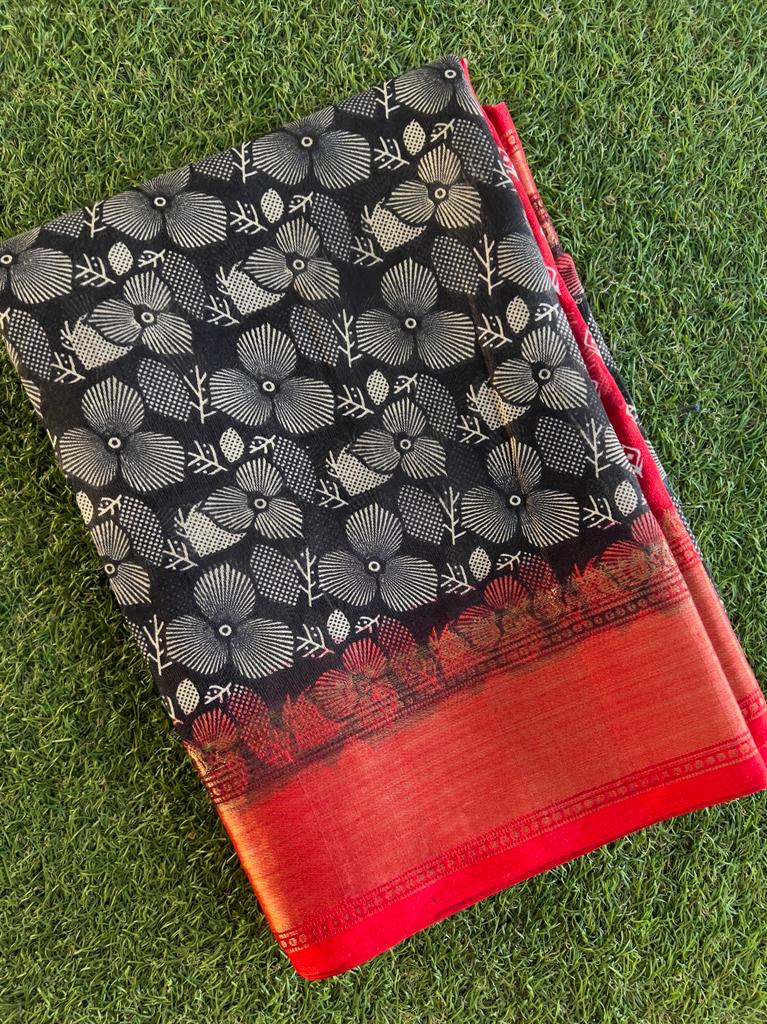 Black and red combo soft and smooth printed chanderi silk saree