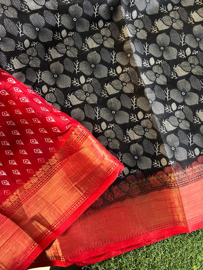 Black and red combo soft and smooth printed chanderi silk saree