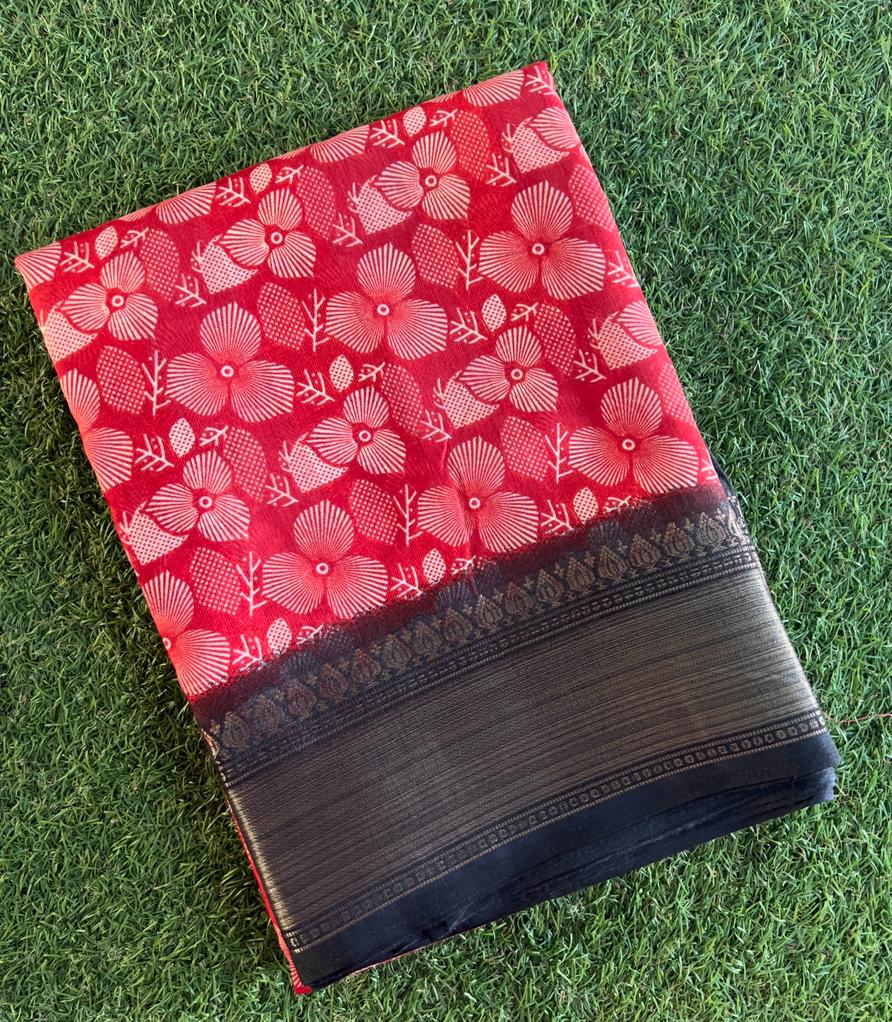 Black and red combo soft and smooth printed chanderi silk saree