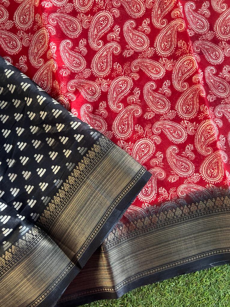 Black and red combo soft and smooth printed chanderi silk saree