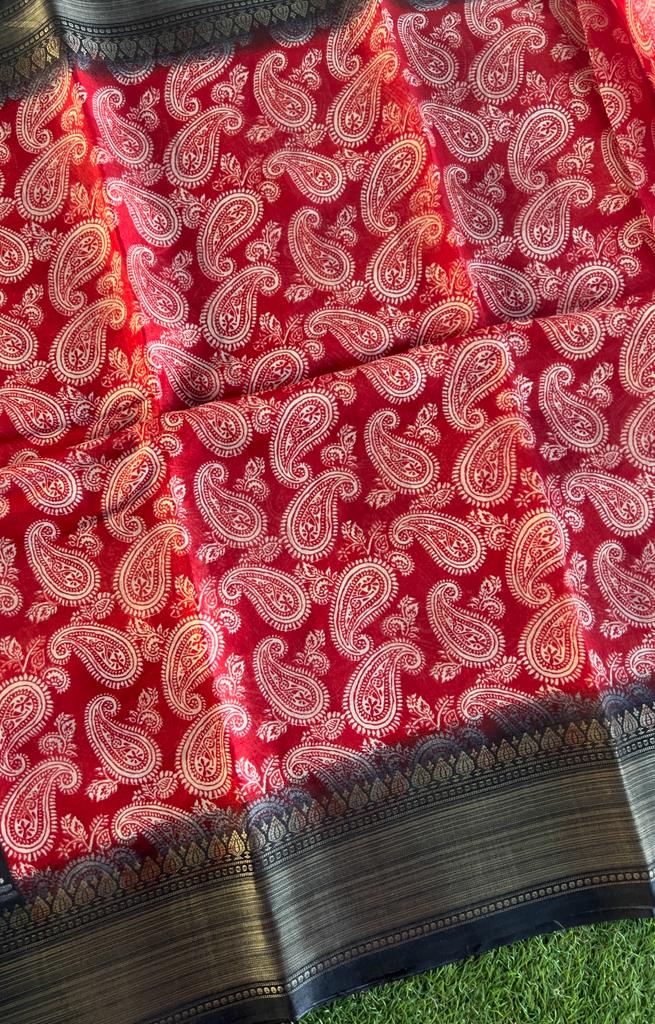 Black and red combo soft and smooth printed chanderi silk saree