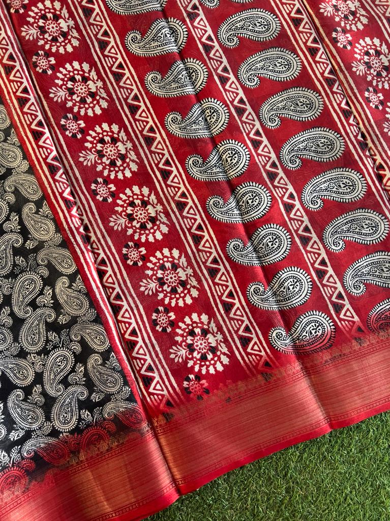 Black and red combo soft and smooth printed chanderi silk saree