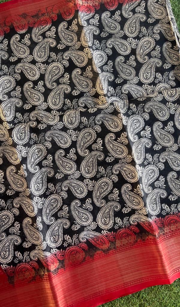 Black and red combo soft and smooth printed chanderi silk saree