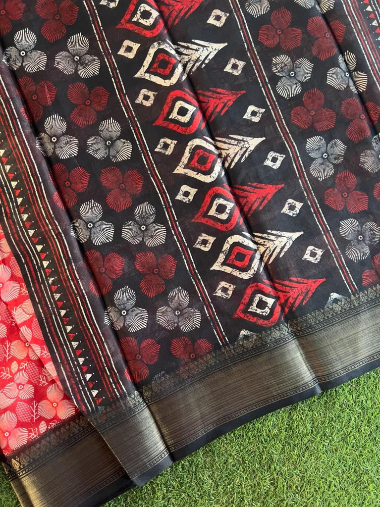 Black and red combo soft and smooth printed chanderi silk saree