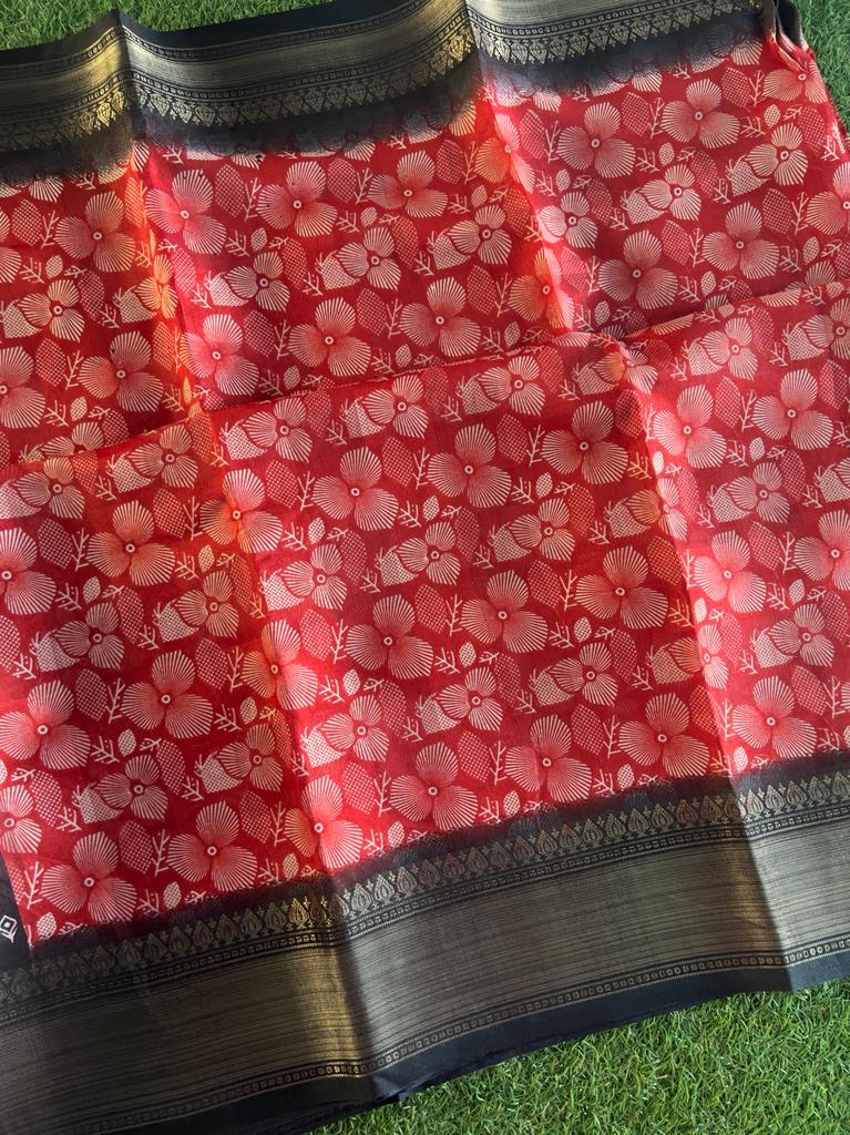 Black and red combo soft and smooth printed chanderi silk saree