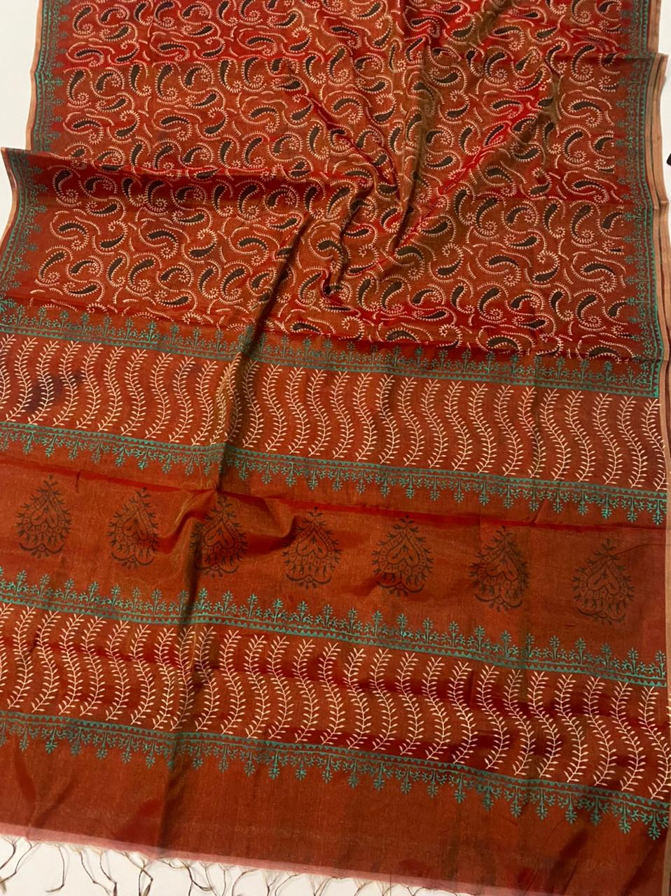 Block printed pure Maheshwari handloom saree