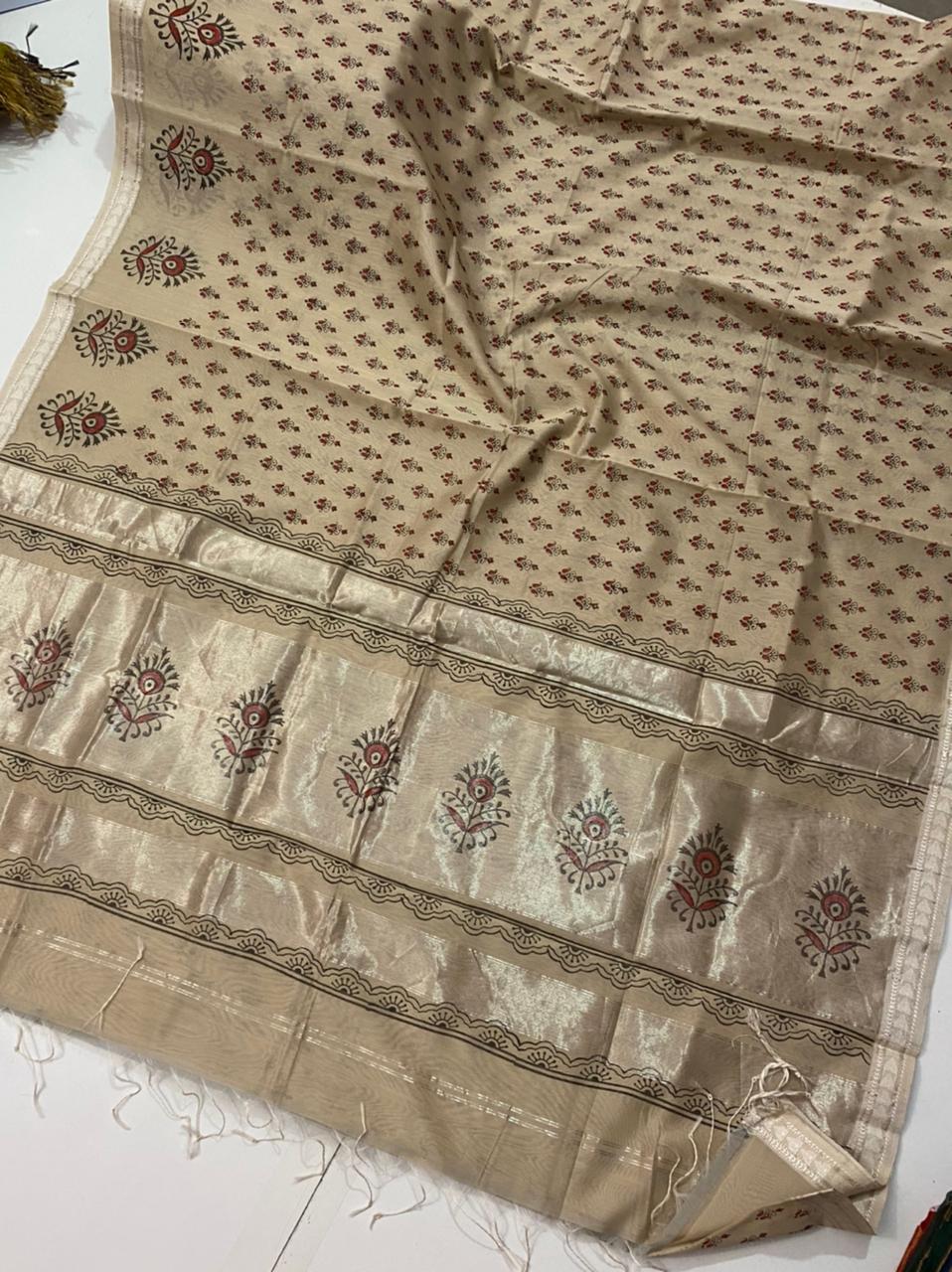 Block printed pure Maheshwari handloom saree