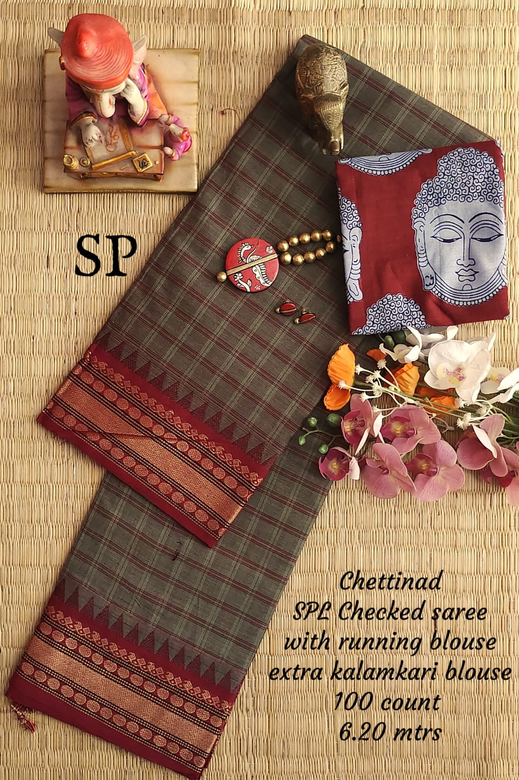 Chettinad cotton 100 count checked saree