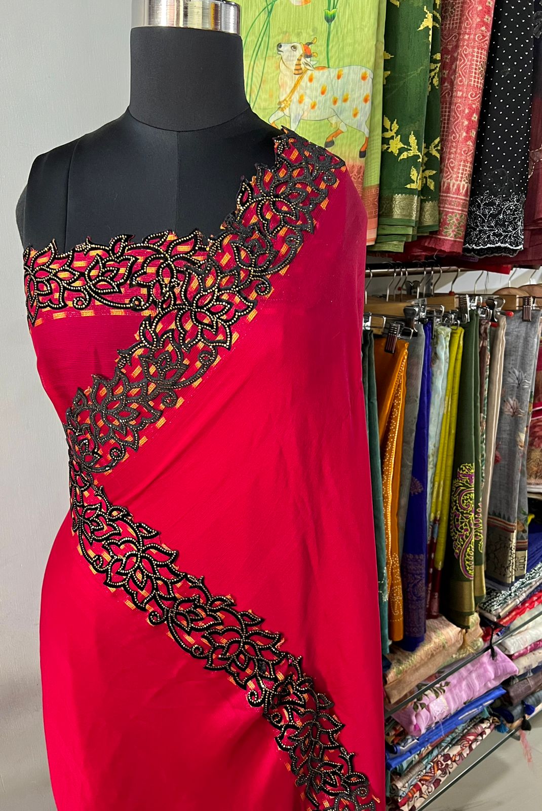 Chiffon Crepe Velvet Cut Work Saree