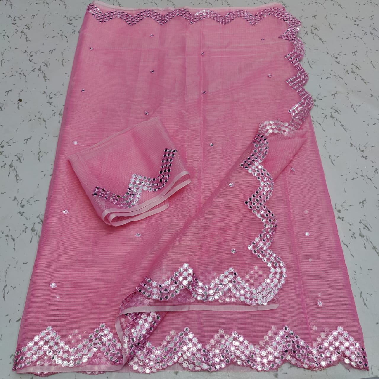 Cotton kota foil mirror cut work saree
