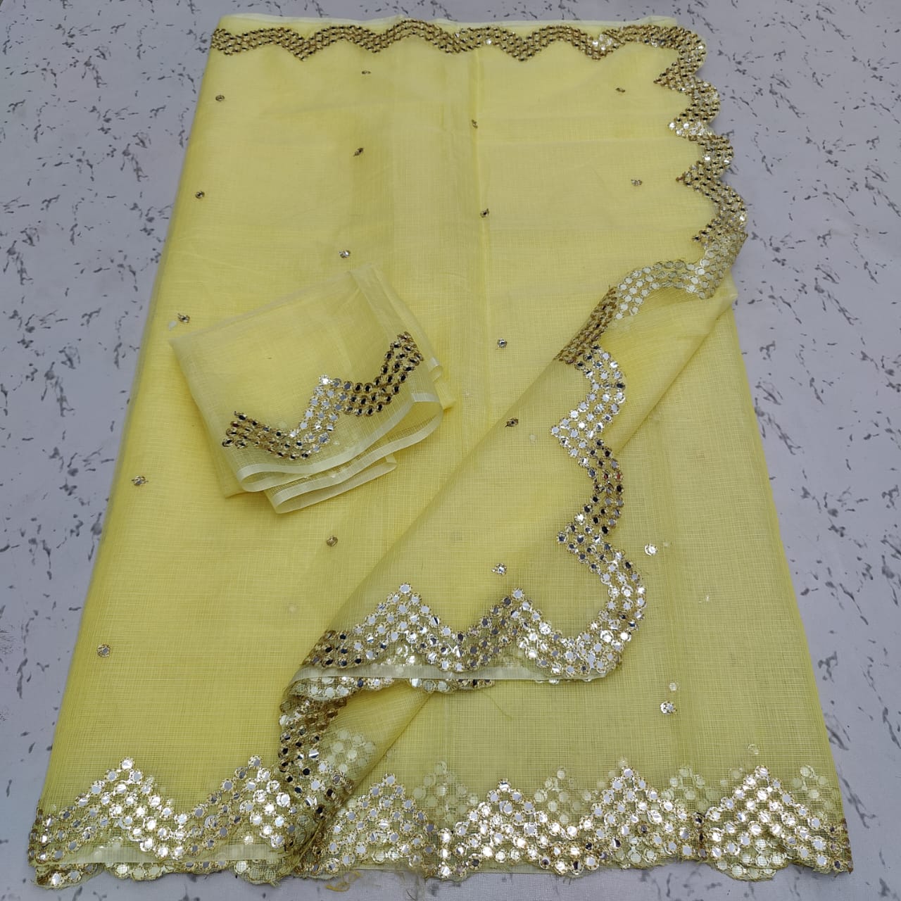 Cotton kota foil mirror cut work saree