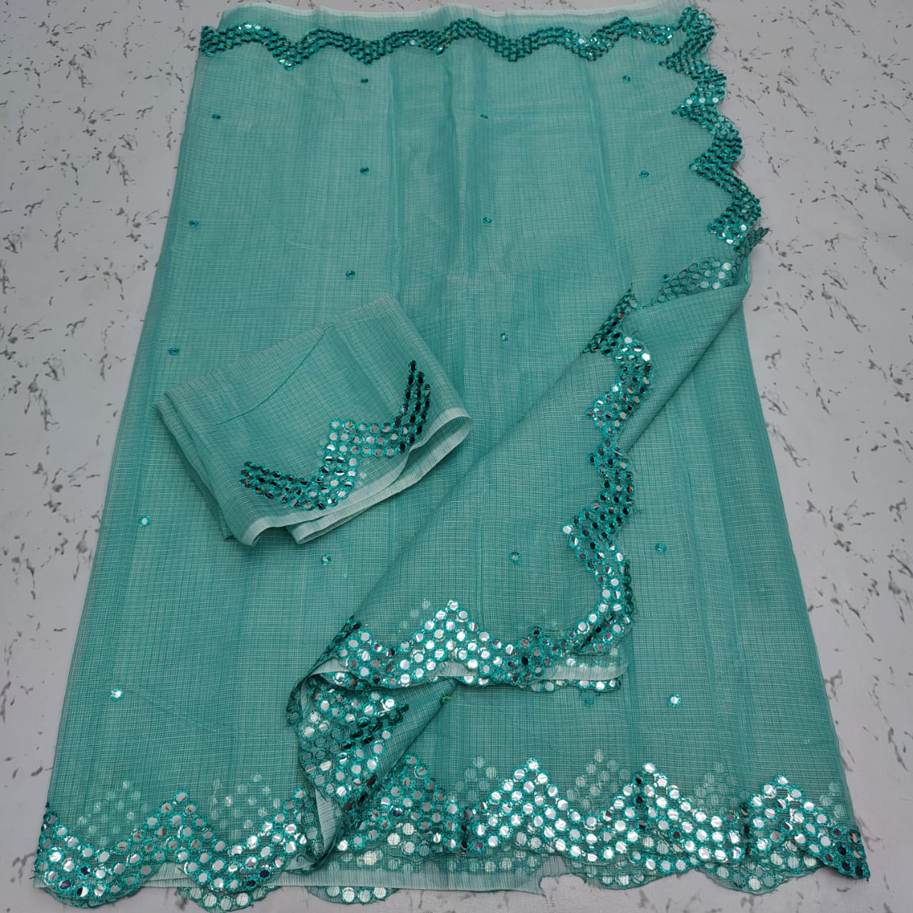 Cotton kota foil mirror cut work saree