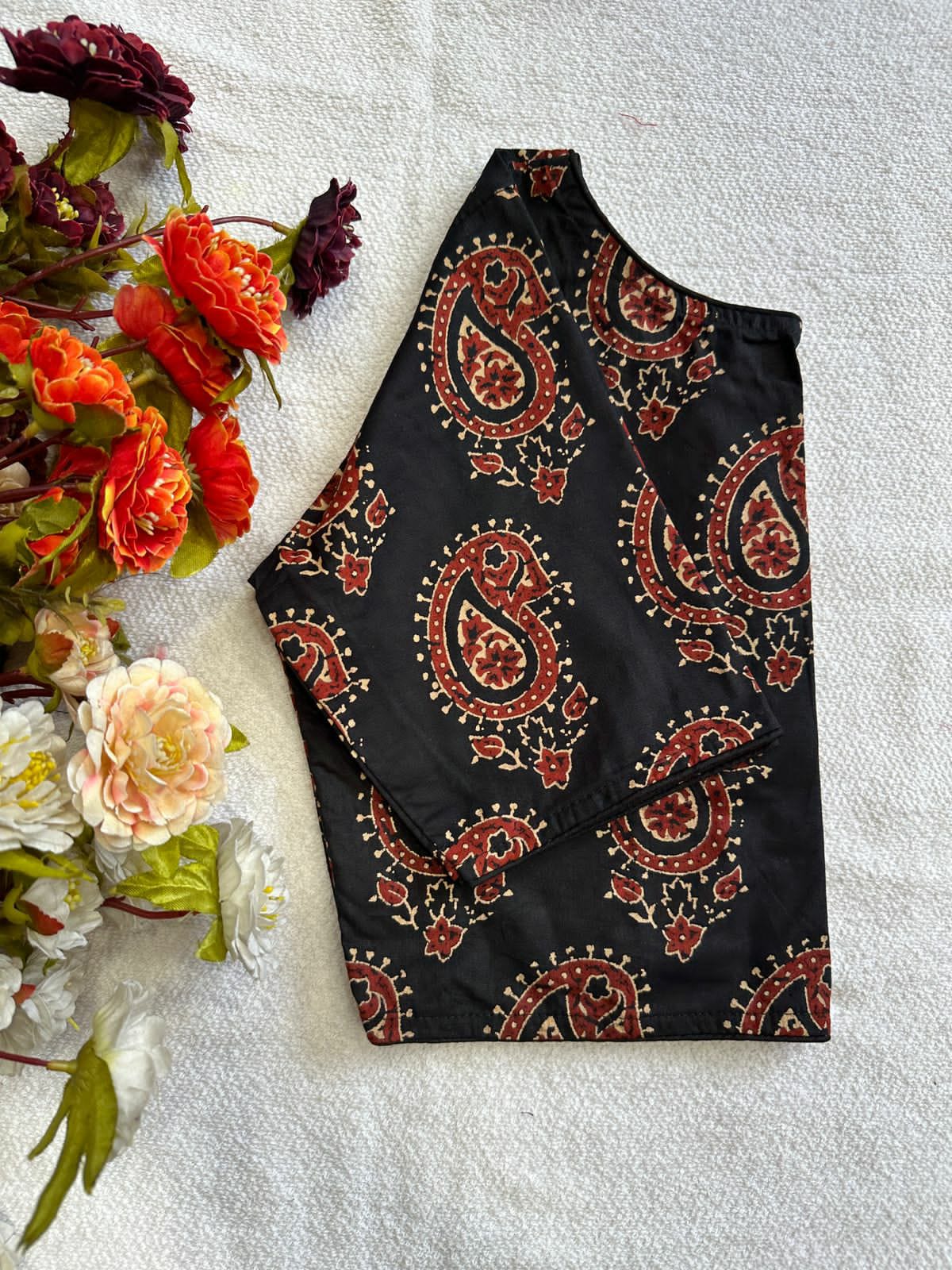 Cotton natural dye handblock print boat neck neck blouse