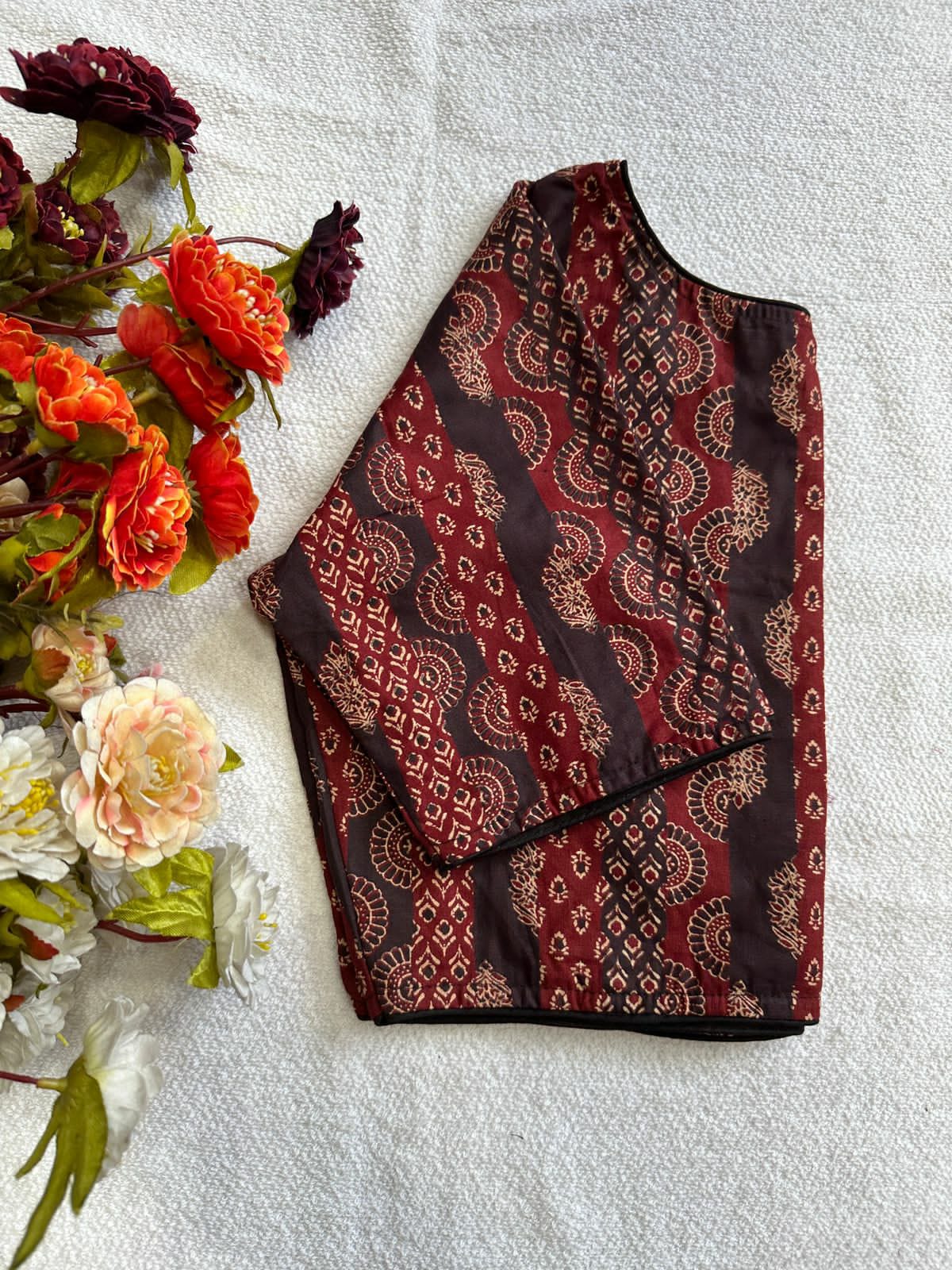 Cotton natural dye handblock print boat neck neck blouse