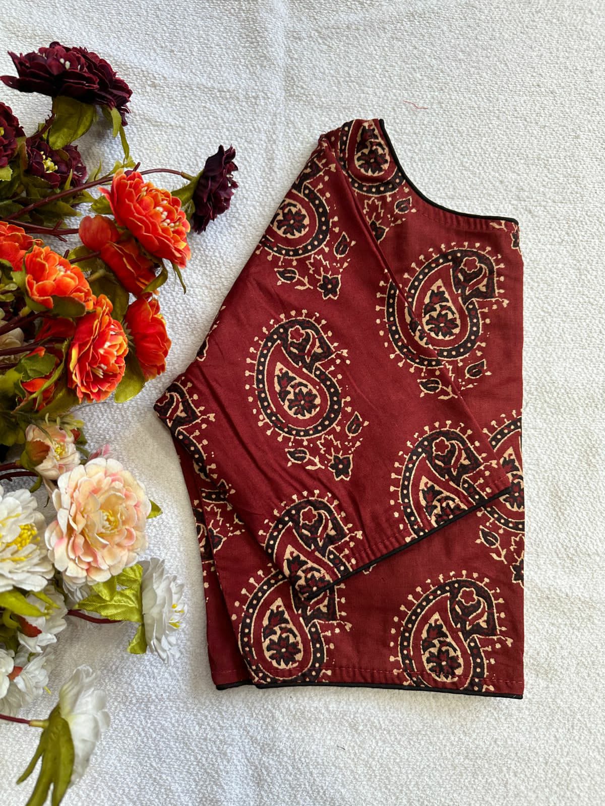 Cotton natural dye handblock print boat neck neck blouse