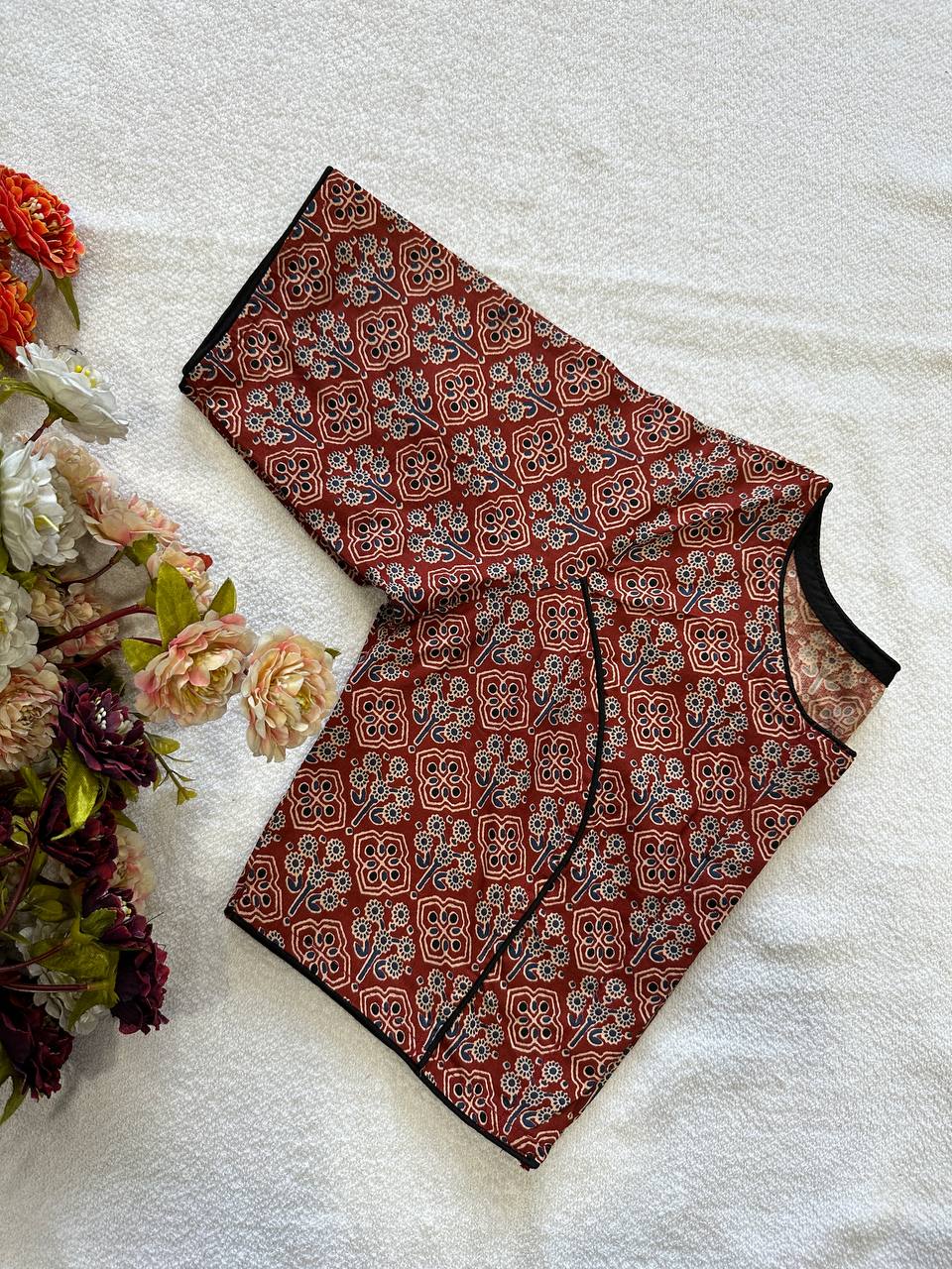 Cotton natural dye handblock print boat neck neck blouse