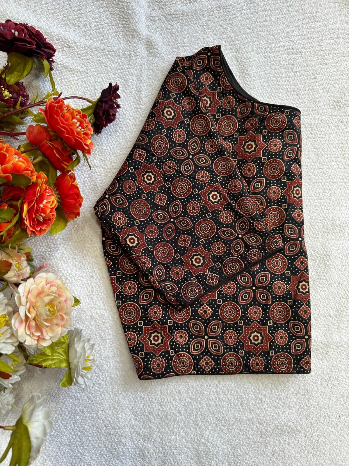 Cotton natural dye handblock print boat neck neck blouse
