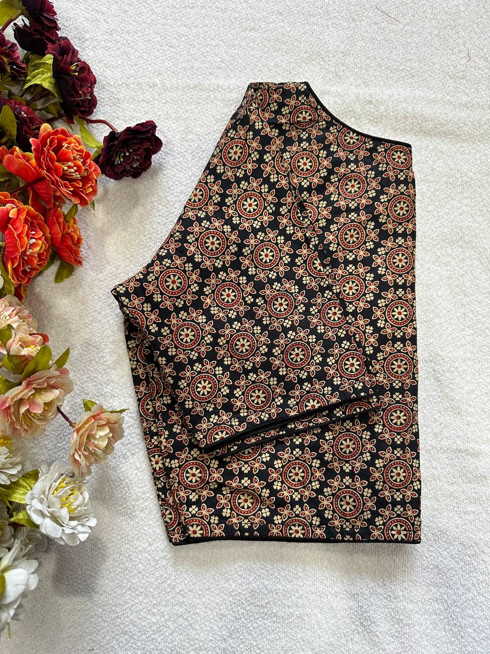 Cotton natural dye handblock print boat neck neck blouse