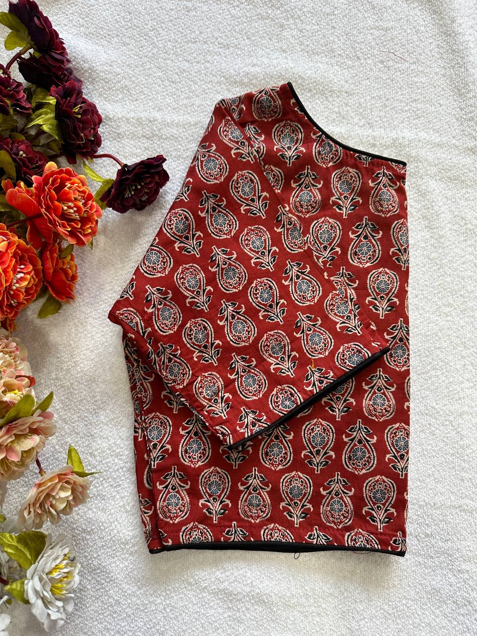Cotton natural dye handblock print boat neck neck blouse