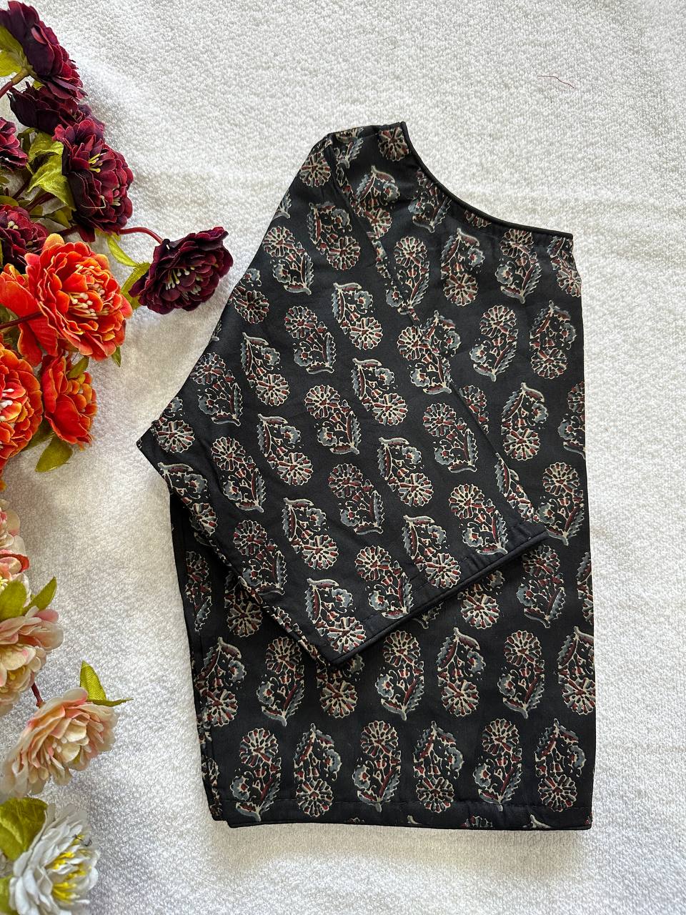 Cotton natural dye handblock print boat neck neck blouse