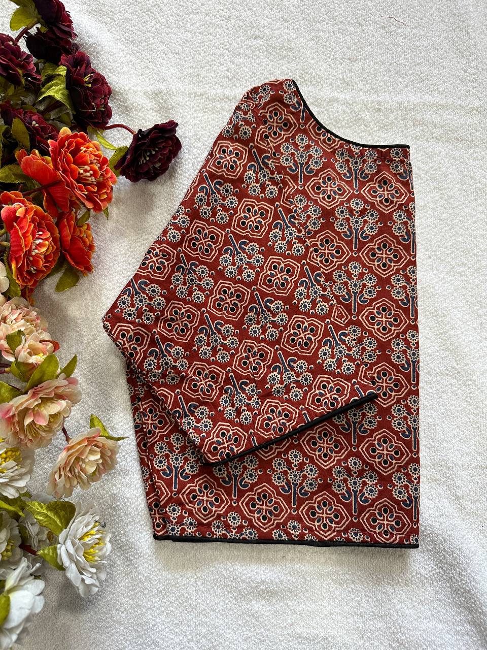Cotton natural dye handblock print boat neck neck blouse