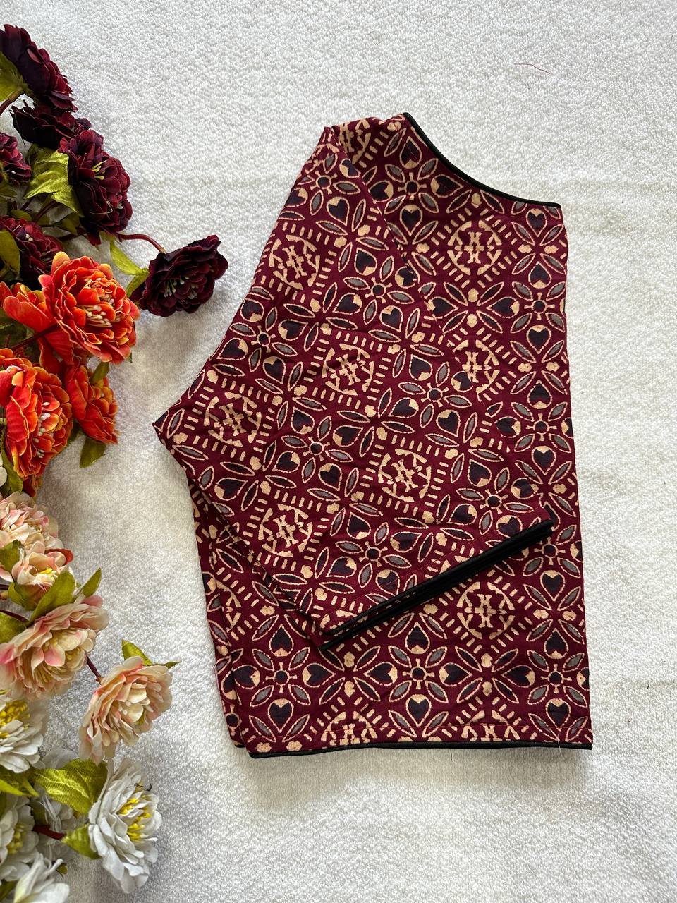 Cotton natural dye handblock print boat neck neck blouse