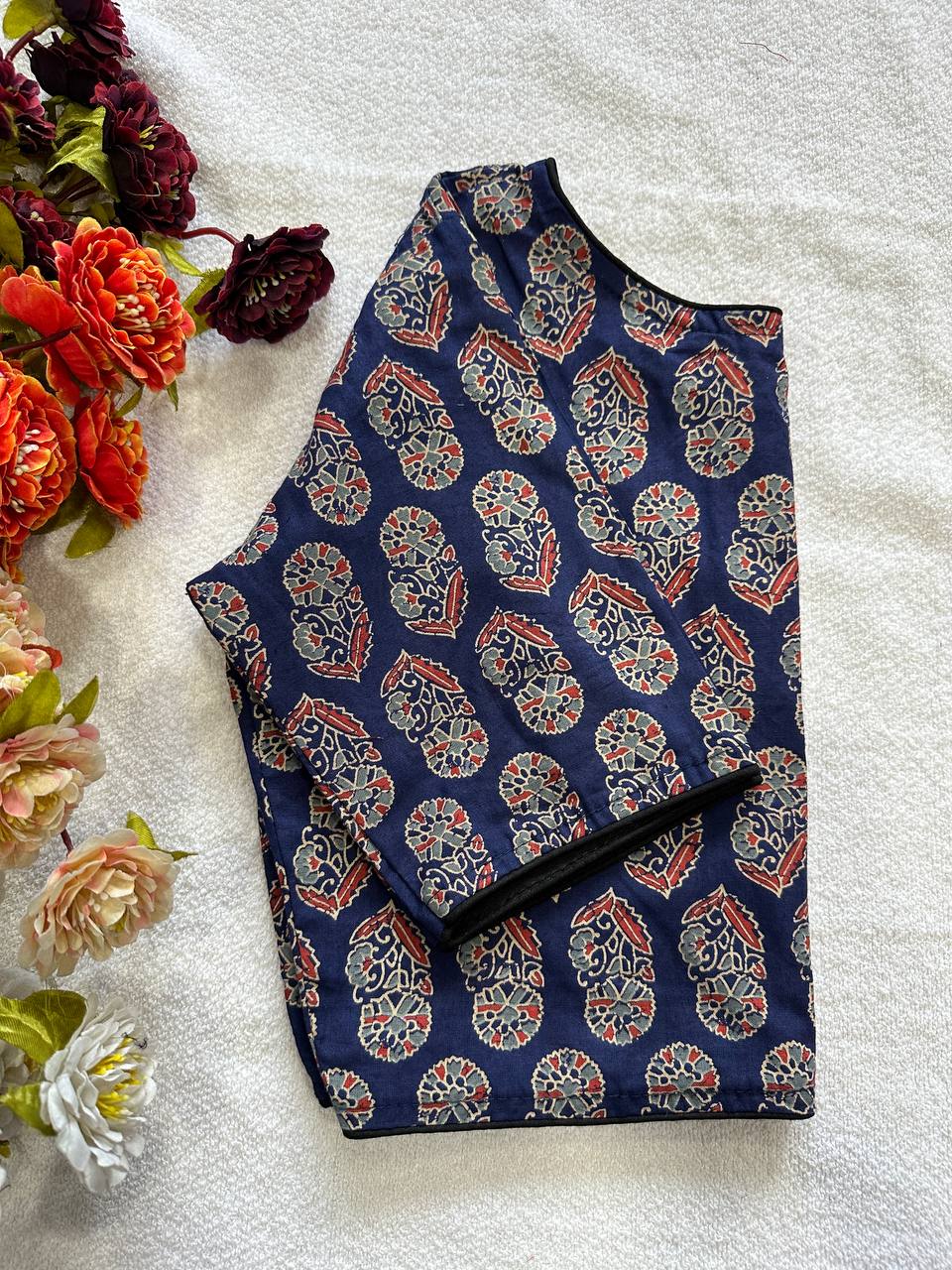 Cotton natural dye handblock print boat neck neck blouse
