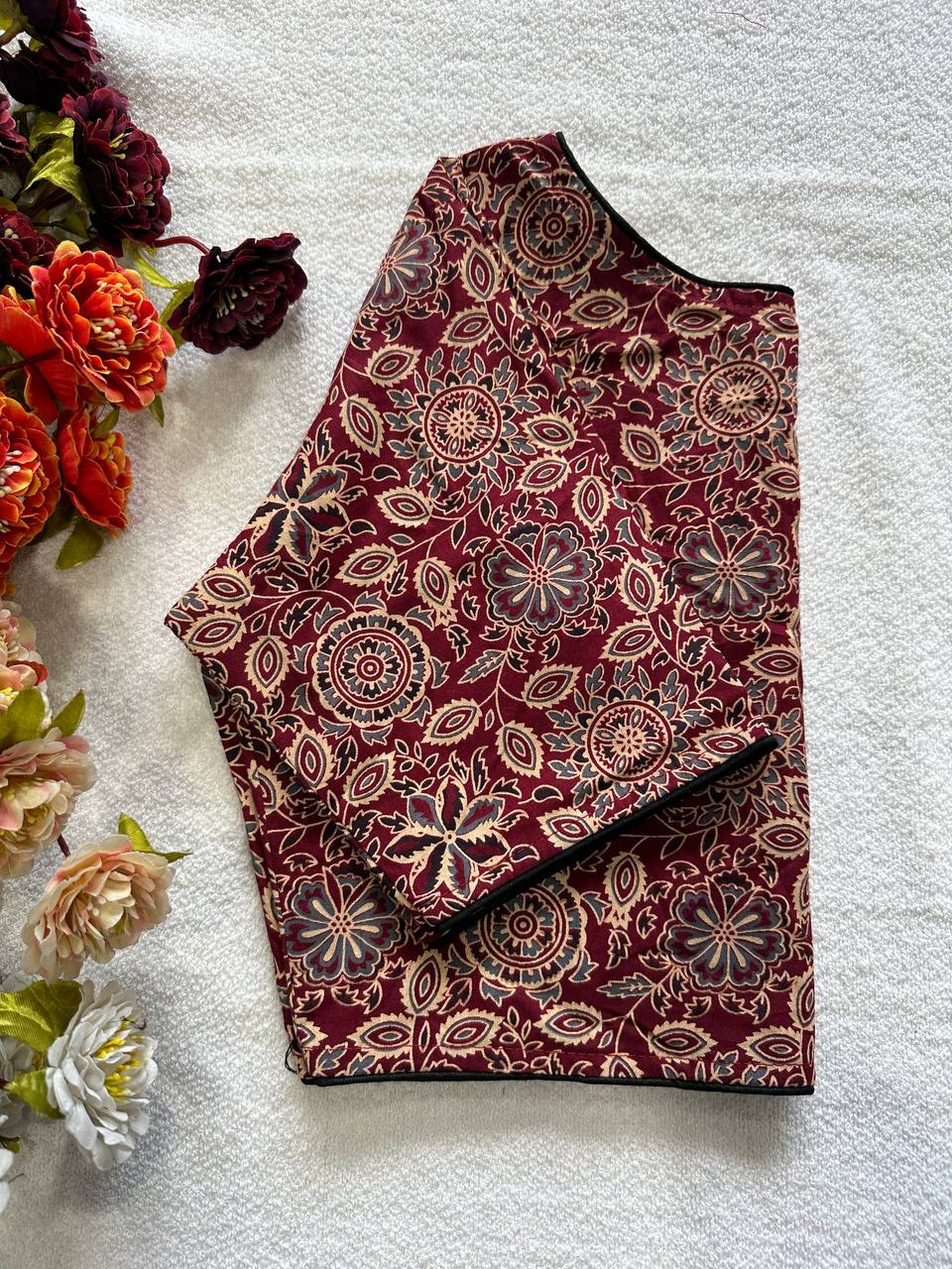 Cotton natural dye handblock print boat neck neck blouse