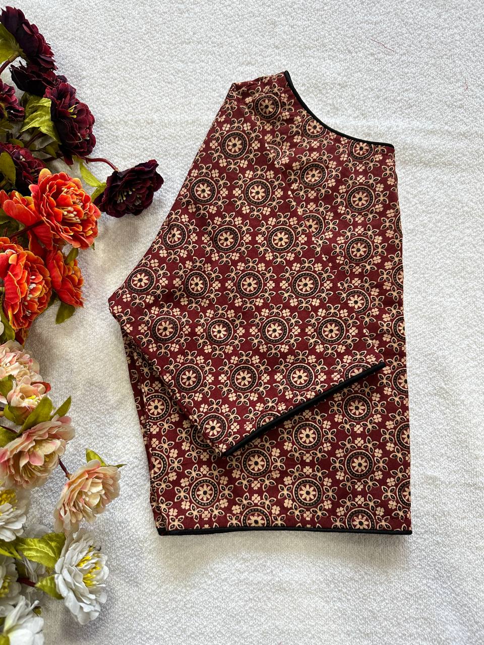Cotton natural dye handblock print boat neck neck blouse
