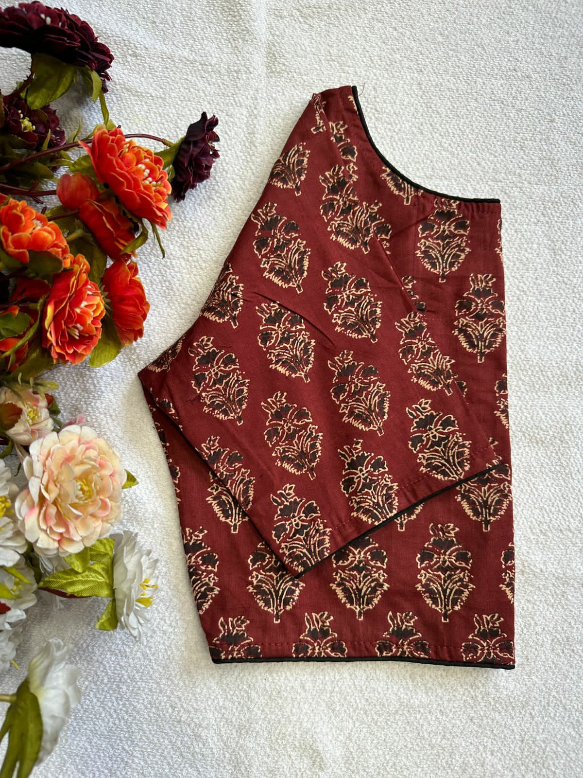 Cotton natural dye handblock print boat neck neck blouse